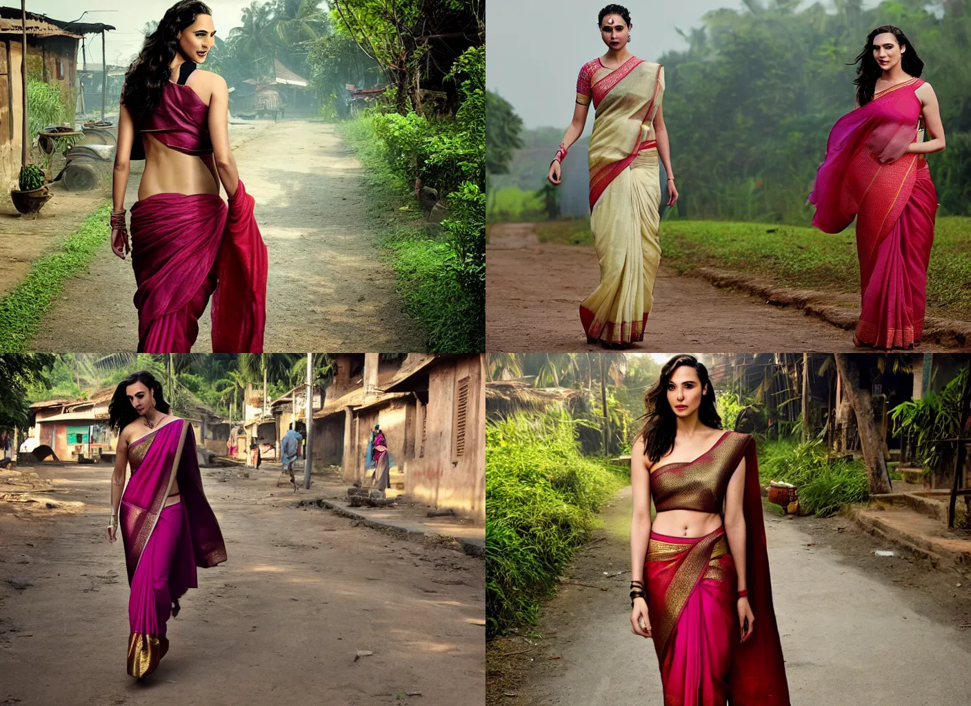 Prompt: gal gadot walking in the steets of a kerala village wearing a designer saree, cinematic, volumetric lighting, hdr