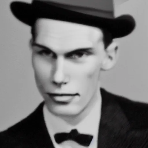 Image similar to A photograph portrait of Jerma985 wearing a suit with and fedora in the 1940s, taken in the early 1940s, grainy, taken on a 940s Kodak Camera, realistic, hyperrealistic, very realistic, highly detailed, very detailed, extremely detailed, detailed, digital art, trending on artstation