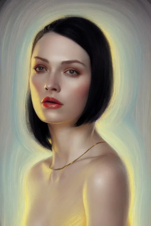 Image similar to Portrait of a beautiful pale skin Nordic female with short black hair, elegant, photorealistic, highly detailed, artstation, smooth, sharp focus, gold ornaments, neon lighting, sci-fi, art by Klimt.