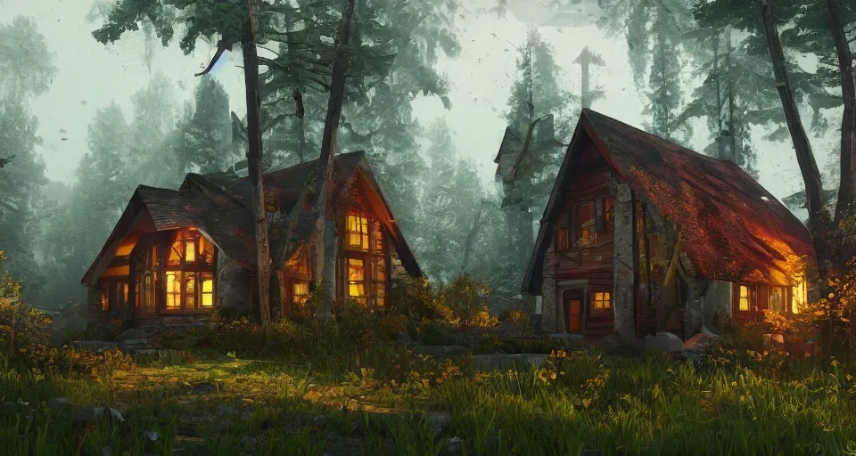 Image similar to a painting of a house in the middle of a forest, a low poly render by senior environment artist, featured on polycount, fantasy art, artstation hq, 2 d game art, rendered in unreal engine