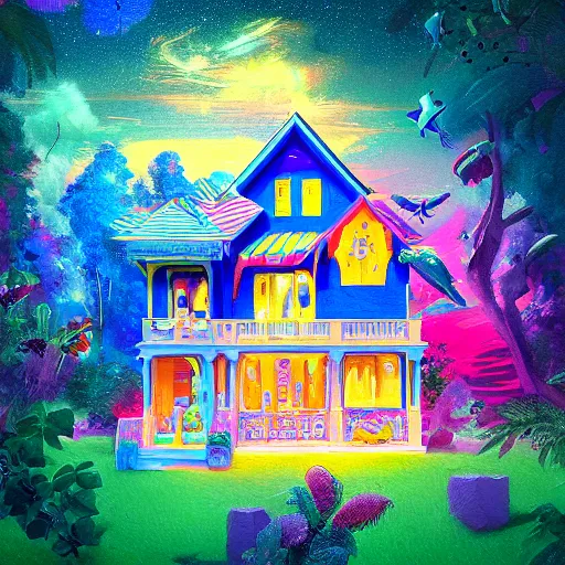 Image similar to a lisa frank house design, highly detailed, digital painting, artstation, smooth, sharp focus, illustration, art by artgerm and greg rutkowski