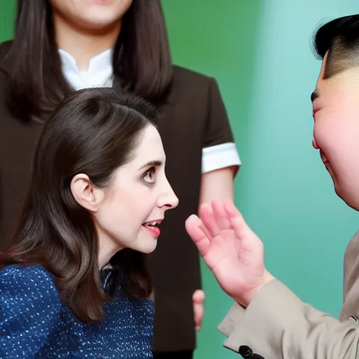 Image similar to close up shot of alison brie engaging peace talks with kim jong un. photography, photographic