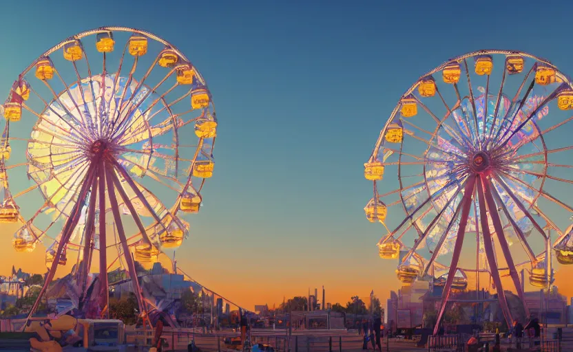 Image similar to one ferris wheel at sunrise, concept art, hyperrealistic, octane render, unreal engine 5, path traced, highly detailed, high quality, 8 k, dramatic lighting, cinematic, high coherence, symmetrical, high contrast, 1 9 8 0 s style, lens flare, godrays