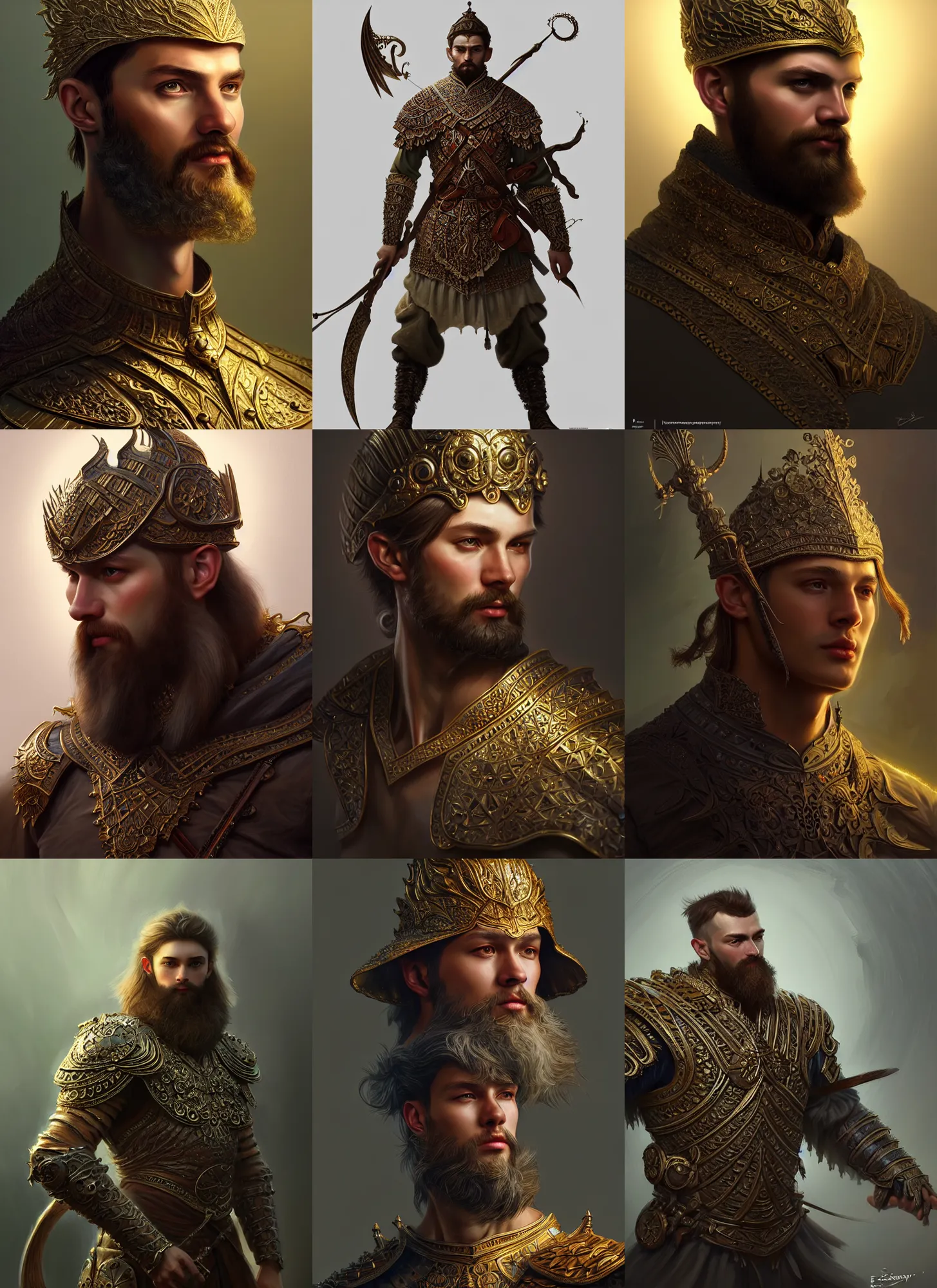 Prompt: Proto-Slavic hero, diffuse lighting, fantasy, intricate, elegant, highly detailed, lifelike, photorealistic, digital painting, artstation, illustration, concept art, smooth, sharp focus, art by Evgeny Epanchintsev and Sergey Samuilov and SunWoo Lee and Alexander Stepanchikov