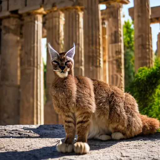 Prompt: a cinematic film still of a claymation stop motion film starring cute fluffy caracal near wooden barrel, ancient greek city, marble temple columns, olive trees, shallow depth of field, 8 0 mm, f 1. 8