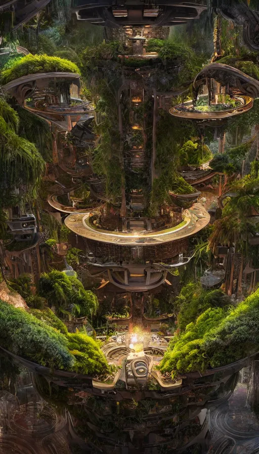 Prompt: a futuristic Hanging Gardens of Babylon with a future scifi ancient god on the middle holding a portal that's about to explode, sweat drops, insane, intricate, highly detailed, oil painting, smooth, sharp focus, Unreal Engine 5, 8K, art by Diego Velázquez