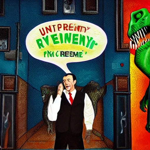 Image similar to beautiful lifelike painting of gene kelly demanding a refund on undercooked overpriced dinosaur steak in downtown dive bar bistro, hyperreal detailed facial features and uv lighting, ascii art by ed roth and basil wolverton