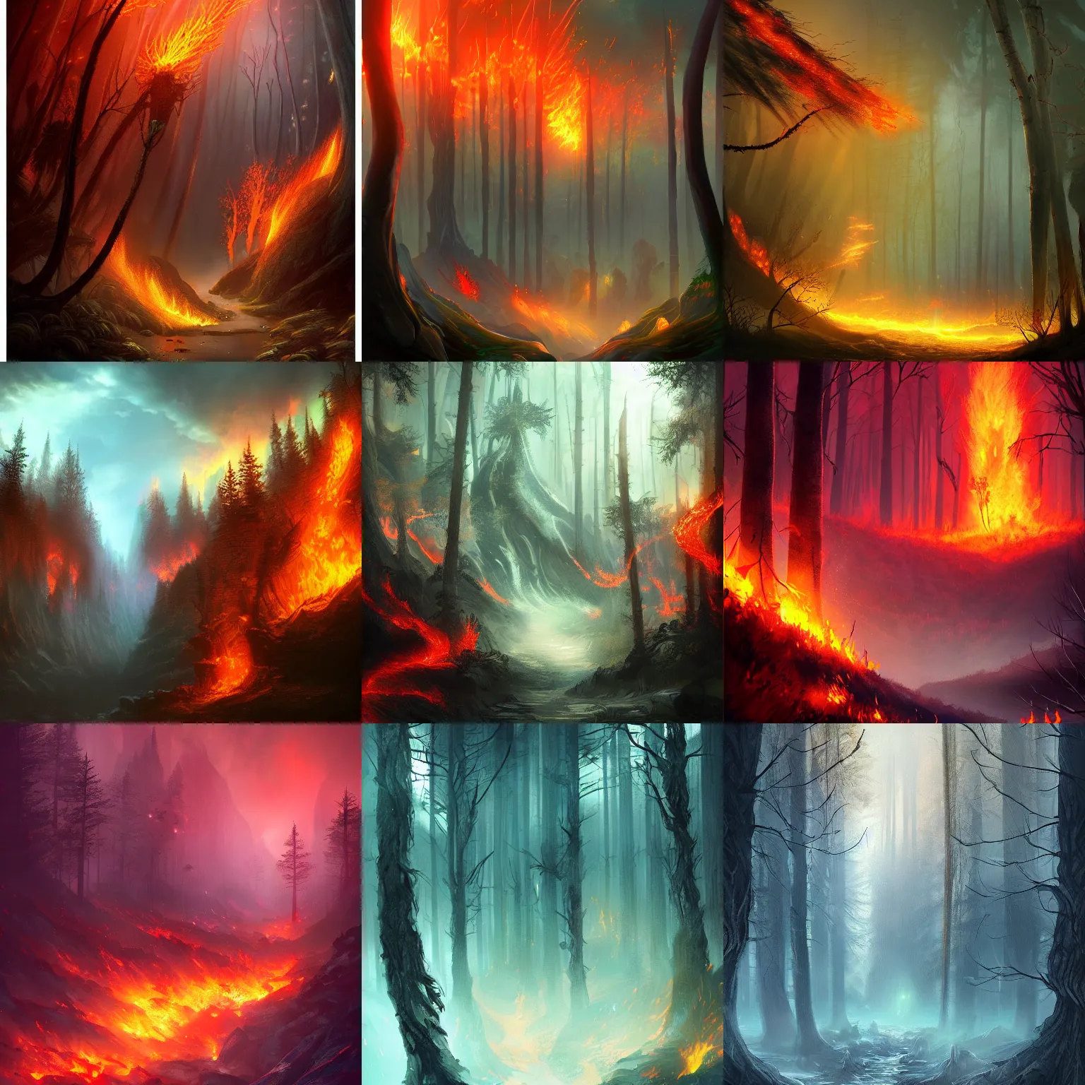 Prompt: forest of flames, fantasy artwork, award winning, very very beautiful scenery, artstation
