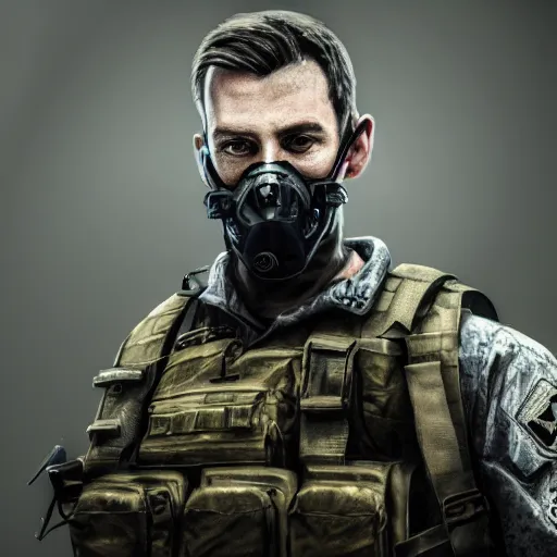 Prompt: a portrait of a Simon Riley with a ghost mask ,call of duty, military , game concept art, illustration, modern warfare, HDR, natural light, shoulder level shot, dynamic pose, award winning photograph, Mucha style, 8k,