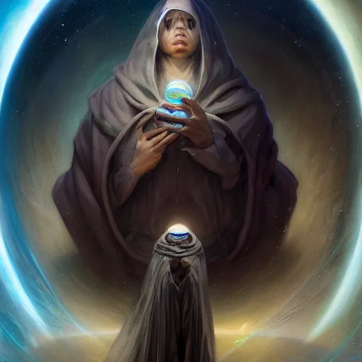 Image similar to the creator of worlds wearing a cloak and holding a holographic planet projection in his hand, face covered in cloth, detailed, sci - fi, digital painting, artstation, sharp focus, illustration, ominous, artgerm, tomasz alen kopera, peter mohrbacher, donato giancola, joseph christian leyendecker, wlop, frank frazetta