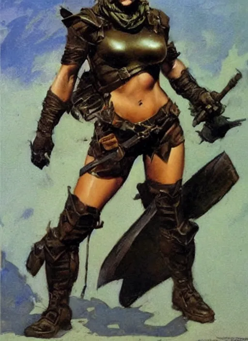 Image similar to portrait of strong female ranger, beautiful! coherent! by frank frazetta, by brom, strong line, deep color, leather armor, short buzzed hair, high contrast