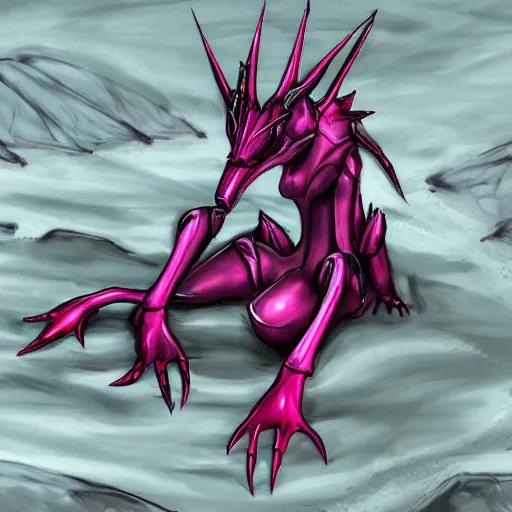 Image similar to very close up foot shot, detailed foot shot, hyperdetailed elegant beautiful stunning anthropomorphic hot mecha female dragon showing detailed sharp dragon claws close to camera, laying on beach, soft pads, sharp silver armor, fuchsia skin, feet art, warframe destiny fanart, feet art, dragon paws, furaffinity, deviantart, octane, ekasportal