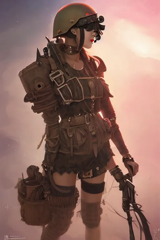 Image similar to dieselpunk blackpink jisoo as soldier girl, helmet, portrait, desert, armored, highly detailed, sharp focus, art, illustrations by rossdraws and ayanamikodon and wlop and irakli nadar and loish