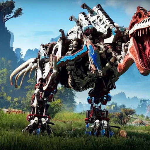 Image similar to gameplay of horizon zero dawn, si - fi robotic tyrannosaurus rex, highly detailed