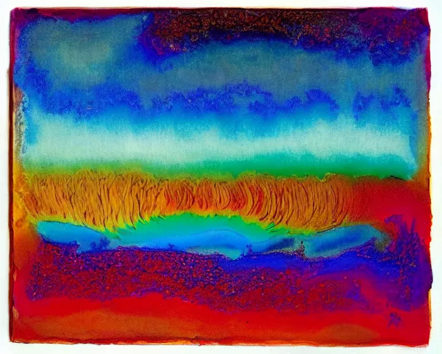 Image similar to Ocean waves in a psychedelic dream world. DMT. Curving rivers. Craggy mountains. Landscape painting by Wayne Thiebaud. Zao Wou-ki. Minimalist.