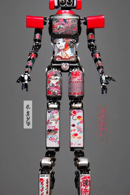 Image similar to full body portrait of a Japanese robot geisha with kanji tattoos and decals wearing a digital pixelated kimono, intricate design, photorealistic, octane render, raytraced, ultra fine detailed, character design, trending on artstation