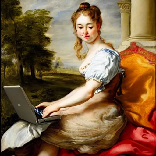 Prompt: heavenly summer sharp land sphere scallop well dressed lady working on her laptop auslese, by peter paul rubens and eugene delacroix and karol bak, hyperrealism, digital illustration, fauvist