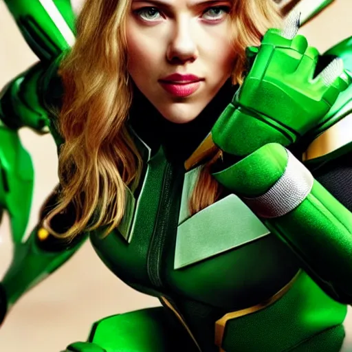 Image similar to scarlett johansson as the green power ranger, digital photography, highly detailed