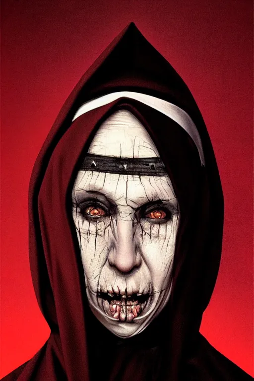 Prompt: portrait, digital painting, an evil nun, black habit, realistic, hyperdetailed, spooky, chiaroscuro, red rim lighting, black background, concept art, art by rembrandt