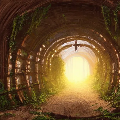 Prompt: a christian cross as the light at the end of the tunnel, with a few vines and overgrowth, concept art by Doug Chiang cinematic, realistic painting, high definition, digital art, symmetrical, very detailed, extremely high detail, photo realistic, concept art, unreal engine 5,