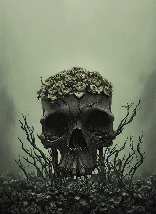 Image similar to skull surrounded by black roses, fog, cinematic shot, denis villeneuve movie still, wayne barlowe concept art, detailed, award - winning, by emil melmoth