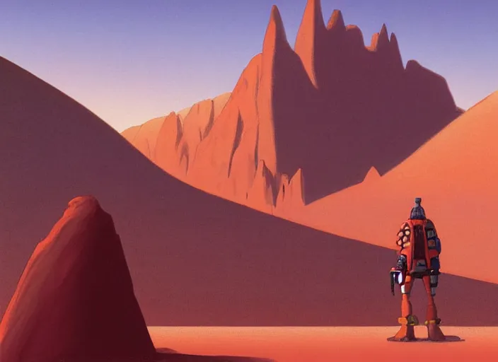 Image similar to the red traveler from the playstation video game journey standing in the desert with the great mountain in the background as illustrated by ralph mcquarrie