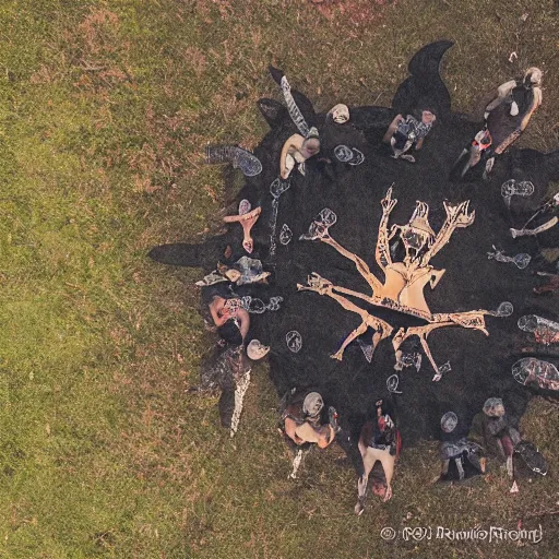 Image similar to shot from drone, real life, summoning, ritual, by greg rutkowksi