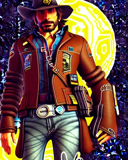 Image similar to mccree from overwatch, space cowboy, character portrait, portrait, close up, concept art, intricate details, highly detailed, vintage sci - fi poster, retro future, in the style of chris foss, rodger dean, moebius, michael whelan, and gustave dore