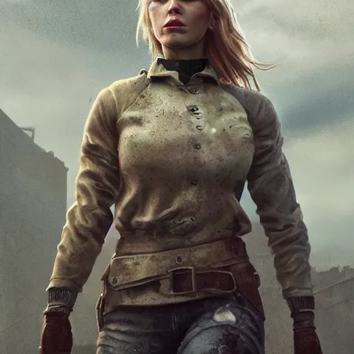 Image similar to fallout 5, charismatic beautiful rugged blonde female protagonist, portrait, outdoors ruined cityscape, atmospheric lighting, painted, intricate, volumetric lighting, beautiful, foggy, daytime, slight overcast weather, sharp focus, deep colours, ultra detailed, by leesha hannigan, ross tran, thierry doizon, kai carpenter, ignacio fernandez rios