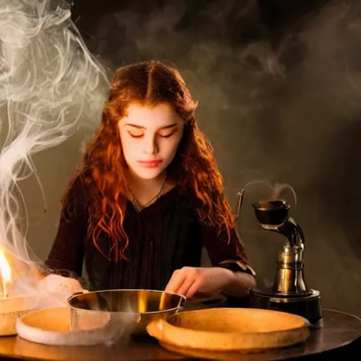 Prompt: teen witch mixing a spell in a cauldron, wispy smoke, studio lighting, a tabby cat watches her work, light is coming out of the cauldron, ingredients on the table, apothecary shelves in the background