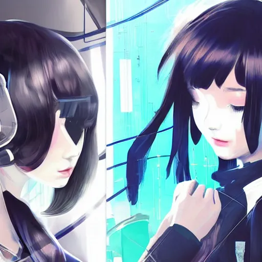 Image similar to Frequency indie album cover, luxury advertisement, white and navy colors. highly detailed post-cyberpunk sci-fi close-up schoolgirl in asian city in style of cytus and deemo, mysterious vibes, by Ilya Kuvshinov, by Greg Tocchini, nier:automata, set in half-life 2, beautiful with eerie vibes, very inspirational, very stylish, with gradients, surrealistic, postapocalyptic vibes, depth of filed, mist, rich cinematic atmosphere, perfect digital art, mystical journey in strange world, beautiful dramatic dark moody tones and studio lighting, shadows, bastion game, arthouse