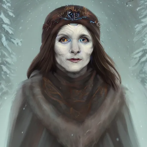 Image similar to auril, goddess of winter, owl faced crone, digital art, trending on artstation, portrait