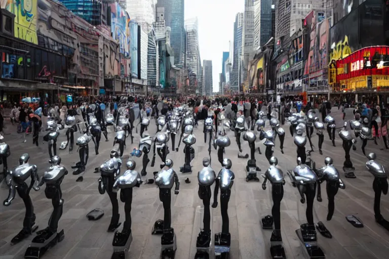 Prompt: cinematography sleek humanoid robot clones helping people in time squares by Emmanuel Lubezki