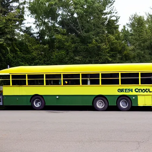 Prompt: a green school bus parked in a parking lot