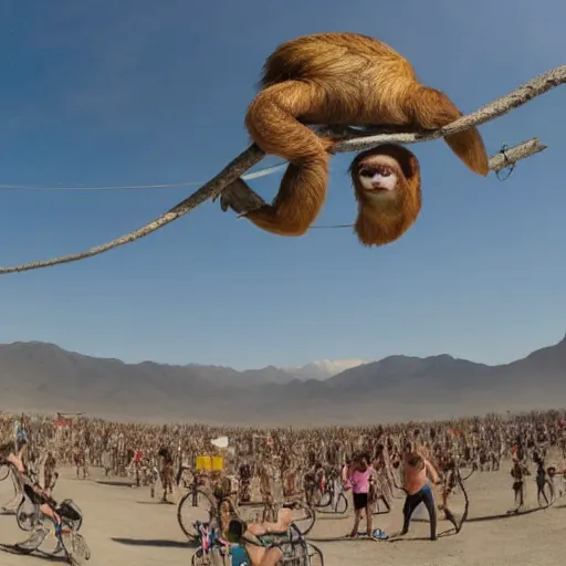 Prompt: sloths dancing at an outdoor rave, Burning Man concert
