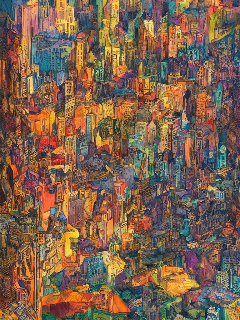 Image similar to demons dream of sleeping in a beautiful city, high detailed, art by jack butler, part by chris gwaltney dominic besner, colourful