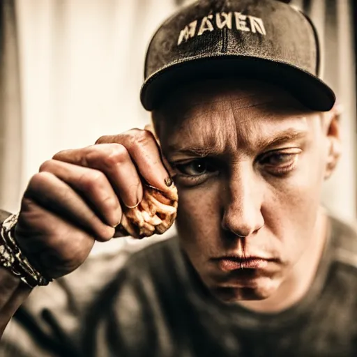 Image similar to eminem eating his mothers spaghetti, looking sad, 4k, photography, detailed, detailed face, sharp, cinematic lighting