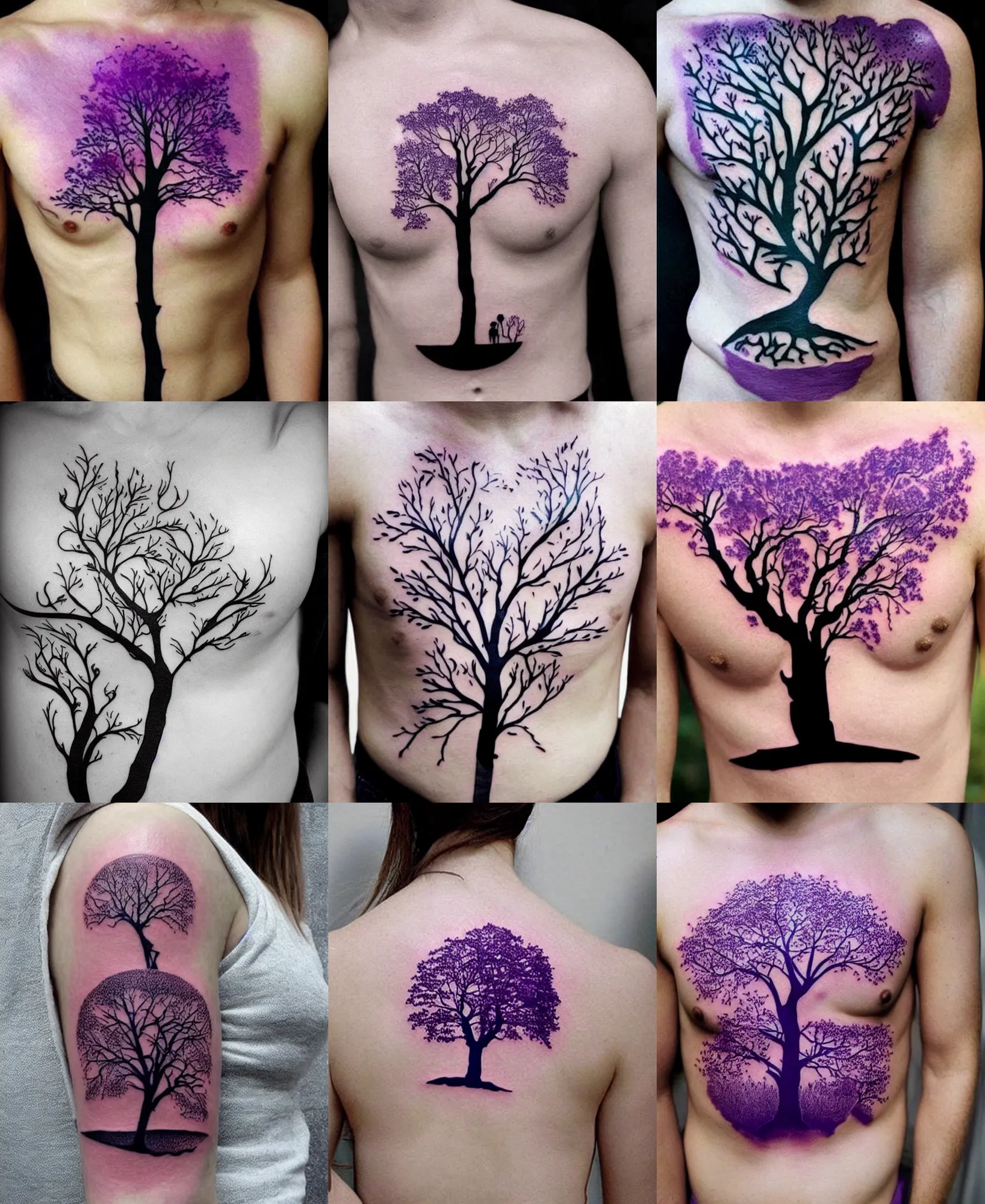 Prompt: amazing simple tattoo stencil with a purple tree on the chest
