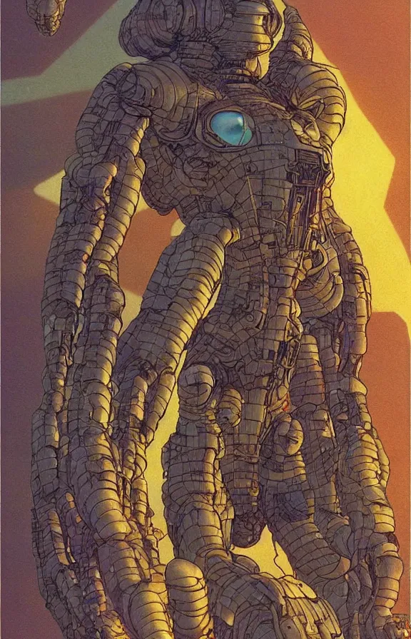 Image similar to Artwork by moebius and oscar chichoni, A depressive colossal robotic alien ascending into the infinite universe