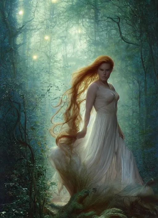 Image similar to Amy Adams staring into the camera, misty wisps, fireflies, Lilia Alvarado, Sophie Anderson, Mark Arian, Bob Byerley, Charlie Bowater, Mark Brooks, Steve Henderson, Justin Gerard, Arthur Hughes, Edward Robert Hughes, Mark Keathley, Victor Nizovtsev, Carlos Shwabe, Ross Tran, WLOP