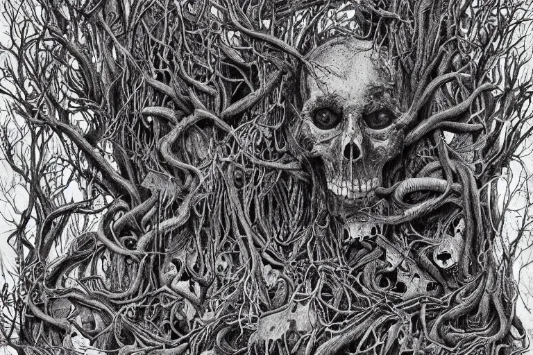 Image similar to an eerie insanely detailed forest of the soul, highly ambiguous, symbolic, eyes of strange creatures hiding in the dark, skulls of critters and bones of animals, snakes and vines and cobwebs and old trees, a glimpse of hope, ink and ballpoint, inspired by claire scully and evan cagle and simon prades