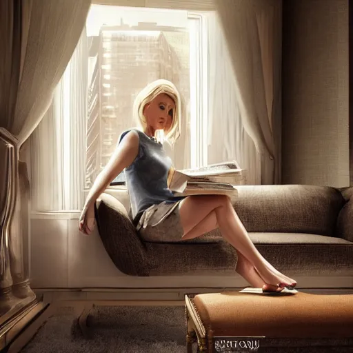 Prompt: beautiful blonde woman in her 4 0 s sat with feet up on sofa reading a magazine, hyper detailed, dramatic lighting, cgsociety, realistic, hyper detailed, insane details, intricate, dramatic lighting, hypermaximalist, golden ratio, rule of thirds, octane render, weta digital, micro details, ultra wide angle, artstation trending, 8 k,