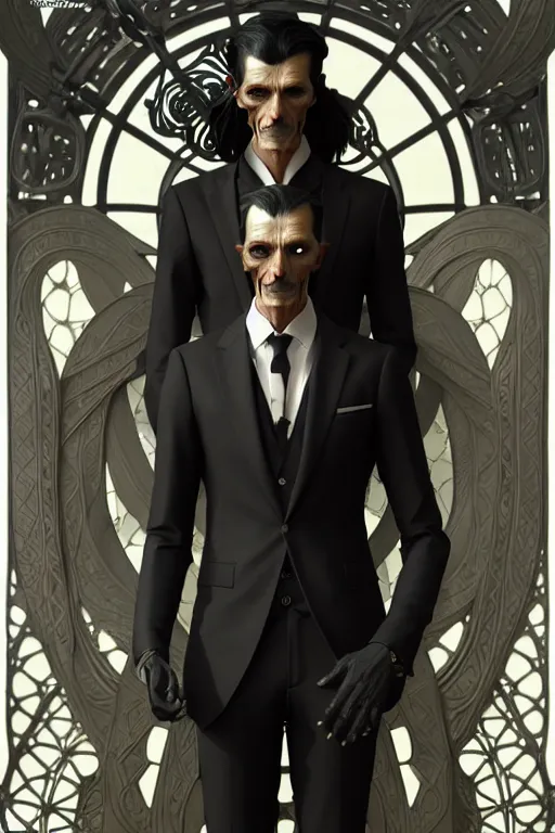 Image similar to ultra realistic, thin man in expensive stylish modern suit, black hair, occult jewelry, fantasy, intricate details, eerie, highly detailed, octane render, 8 k, art by artgerm and alphonse mucha and greg rutkowski