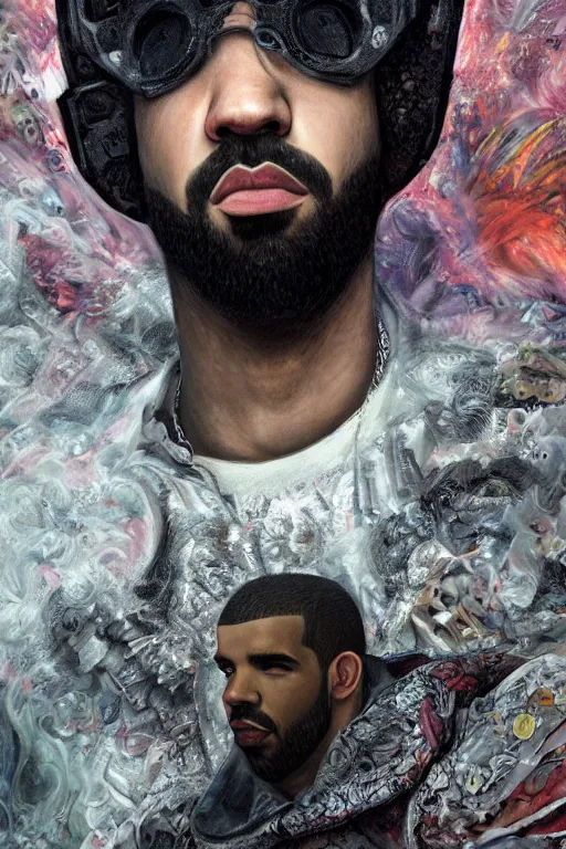 Image similar to portrait of drake by mahmoud farshchian, mia brownell, very detailed, maximalism, ambient occlusion, volumetric light, atmospheric haze, hyper realism, cyberpunk shading, cinematic composition, realistic render, photorealistic, wide shot