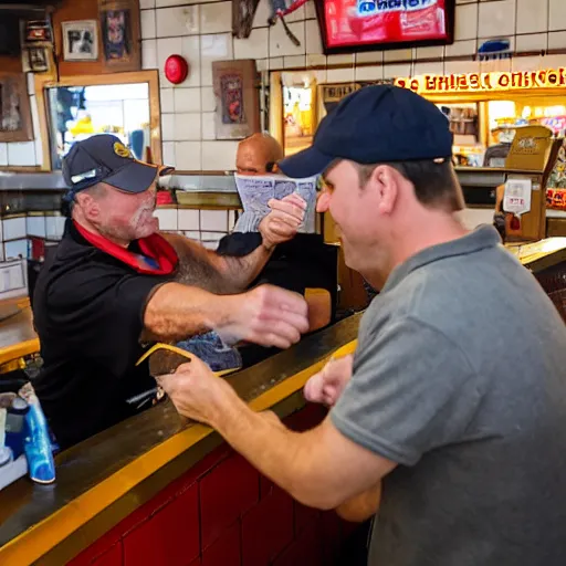 Prompt: a photograph of a real - life popeye the sailor man handing change to a customer at a popeye's chicken restaurant. he is behind the counter wearing a uniform, the customer is wearing khakis and a coat.