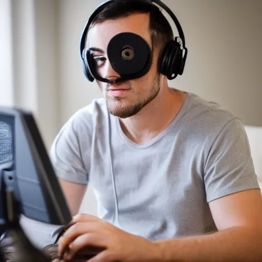 Image similar to the typical reddit moderator, using their computer while wearing a headset