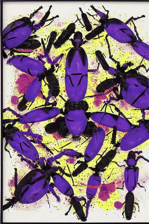 Image similar to mimmo rotella, violet polsangi, frank miller as return of ninja bugs by pop art, white frame