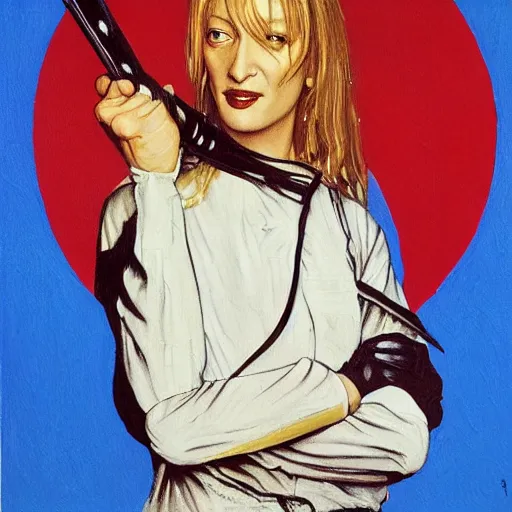 Image similar to a portrait painting of Uma Thurman in kill bill. Painted by Norman Rockwell