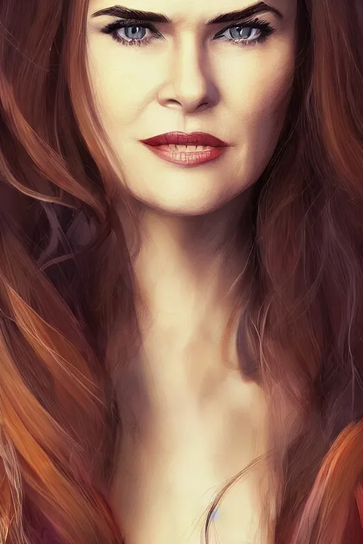 Image similar to mix of beautiful young maria shriver, mariel hemmingway, brooke shields, nicole kidman and elle macpherson as a snake, thin lips, hair tied up in a pony tail, dark blonde hair, colorful, artstation, cgsociety