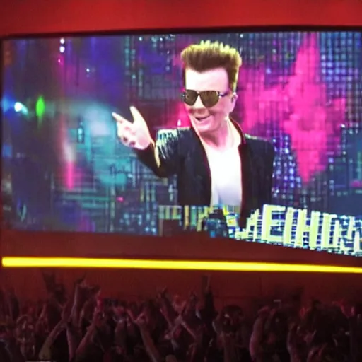 Image similar to rick astley's dance is shown on the tv screens, screens everywhere